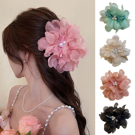 vzyzv -  Korean Gauze Flower Pearl Large Hair Claw Clip Headdress Sweet Summer Spring Women Oversized Hairpin Hair Accessories 1PC