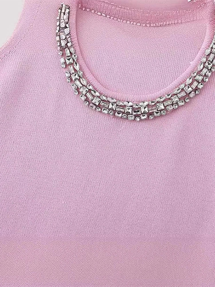 vzyzv -  Knitted Rhinestone Strap Mini Dress Women Casual Loose O-neck Short Sleeve Female Short Dresses 2024 Summer Lady Pink Vestidos