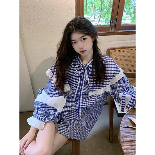 vzyzv  -  Japan Blue Checkered Doll Neck Shirt Women Tops Autumn New Chic Girl Sweet and Cute Loose Versatile Long Sleeve Blouses Clothing