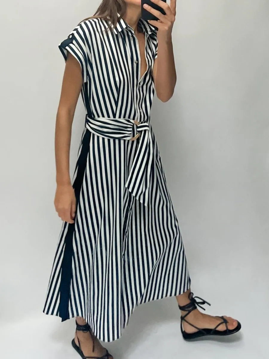 New Striped Elegant Long Dress Women Single Breasted Lace-up Short Sleeve Midi Dresses  Summer Casual Fashion Lady Vestidos