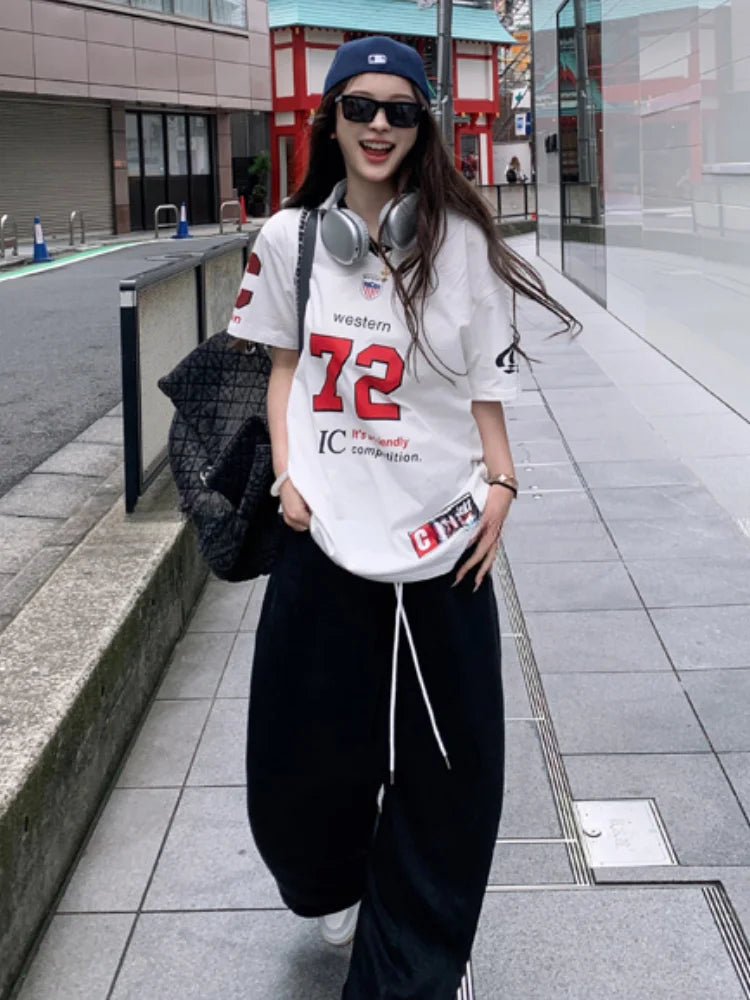 vzyzv  -  Hip Hop Oversized Sports Number Tee Basketball Jersey Women Short Sleeve V Neck T-shirts Cotton American Retro Clothes