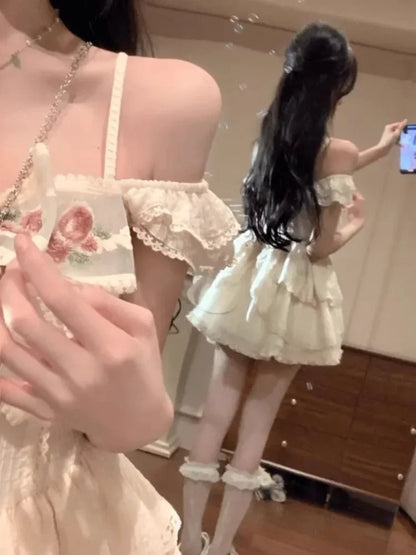 vzyzv  -  Summer Sweet Fairy Dress For Women Elegant Lolita Bow Ruffles Princess Dresses Girl Sleeveless Birthday Party Mini Dress