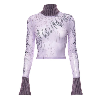 nvxiot  -  Fashion  Pattern Printed Mesh Top Women Stand Collar Long Sleeves Lilac Short Cropped T-shirt Ins Chic Female Celebrity OOTD