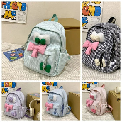 vzyzv  -  Large Capacity Cute Bowknot Backpack Solid Color Korean Style Nylon Student School Bag Lattice Lightweight