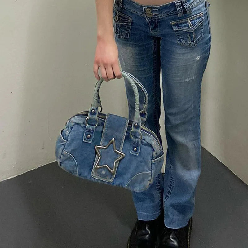 vzyzv  -  Korean Fashion Vintage Metal Star Aesthetic Denim Women Underarm Shoulder Bag New Y2k Streetwear Ladies Purses and Handbags