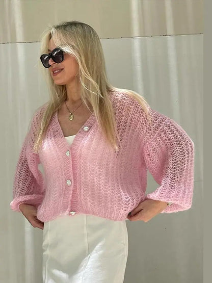 vzyzv  -  Fashion Sweet Pink Hollow Out Knitted Cardigan Women Casual Long Lantern Sleeves Single Breasted Sweater Lady Chic Knitwear