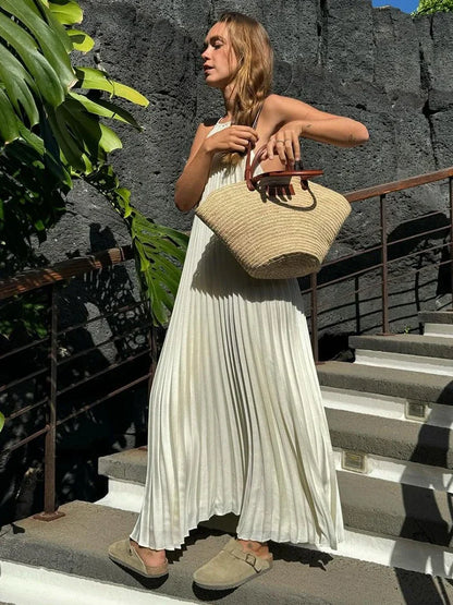 vzyzv -  Sexy Solid Pleated Halter Backless Long Dress Women Elegant Loose Sleeveless Lace Up Dresses  Summer Lady Holiday Vestidos