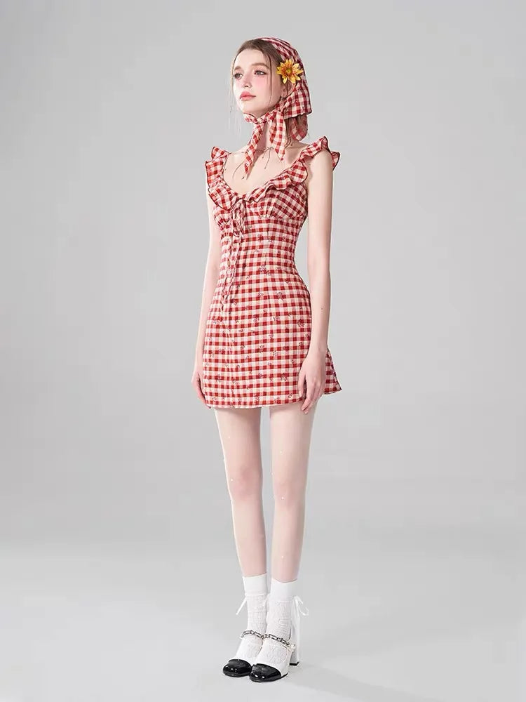 nvxiot  -  Classic Red Plaid Dress For Women's Summer Design, With Small Flying Sleeves And Rose Suspender Mini Skirt