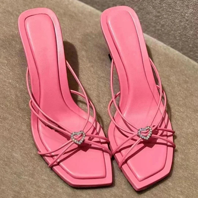 vzyzv -  Heart shaped crystal embellishment pink sandals 2024 summer new French square toe open toe thin heel thin strap high heels