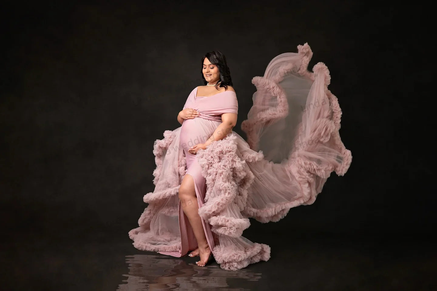 nvxiot  -  Dusty Pink Maternity Dresses for Babyshower Elegnat Off The Shoulder Ruffles Vestidos For Pregnant Woman Slit Photoshoot Props