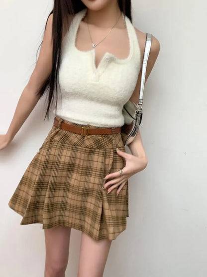 vzyzv  -  Korean Vintage Brown Plaid Pleated Skirt Female Autumn Winter Elegant Slim High Waist A-line Short Student Woolen Skirt  New