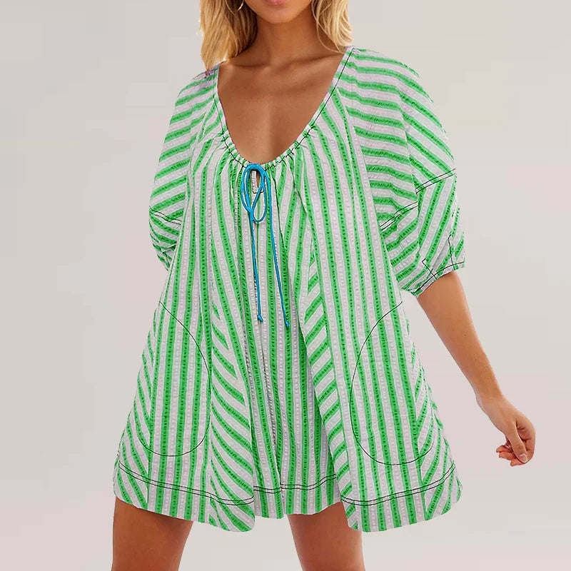 vzyzv -  New 2024 Summer Striped Print Loose Shorts Jumpsuit Ladies Sexy V Neck Lace Up Beach Playsuit Fashion Puff Sleeve Pocket Romper