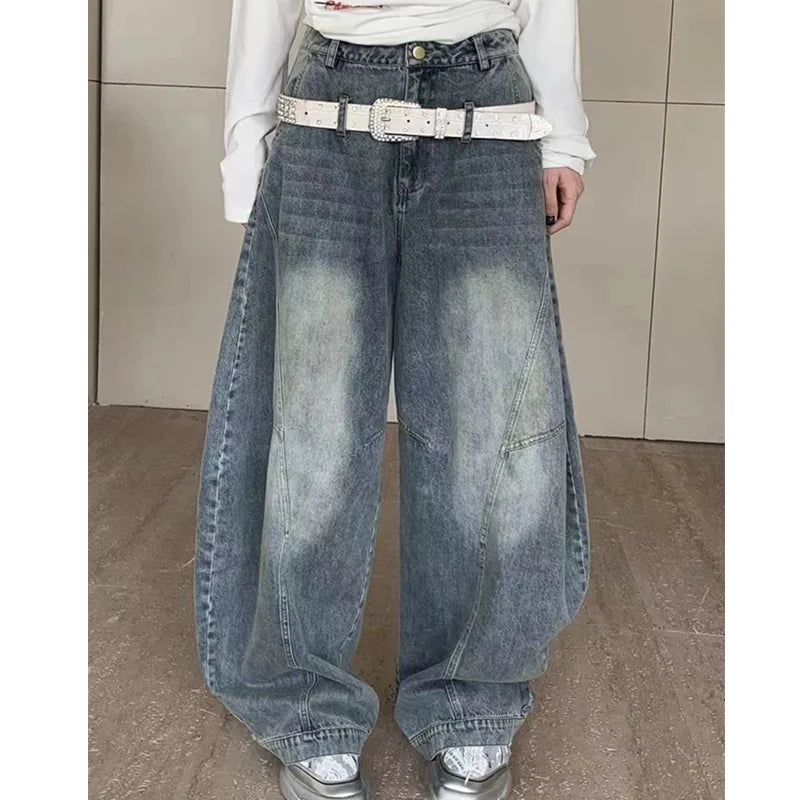 vzyzv  -  Blue Womens Jeans High Waist Vintage Straight LOOSE Denim Pants Streetwear American Large Size Fashion Wide Leg Denim Trouser