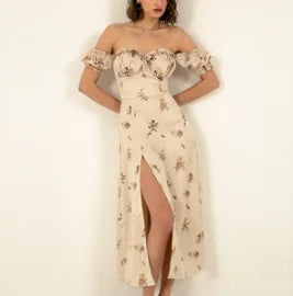 nvxiot  -  2024 Summer New European And American Women's Sexy Elegant Fashion Off-the-shoulder Mid-length Floral Dress