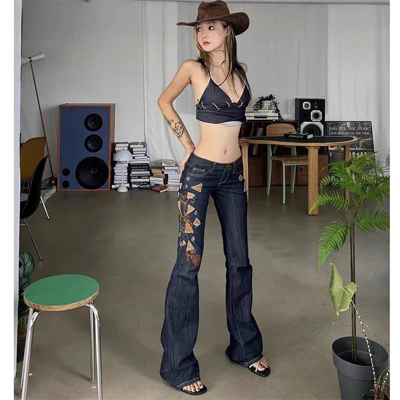 vzyzv  -  Women's Embroidery Low Waisted Micro Flared Jeans Summer New Casual Slim Denim Narrow Pants Female Sexy Bell-bottoms Trousers