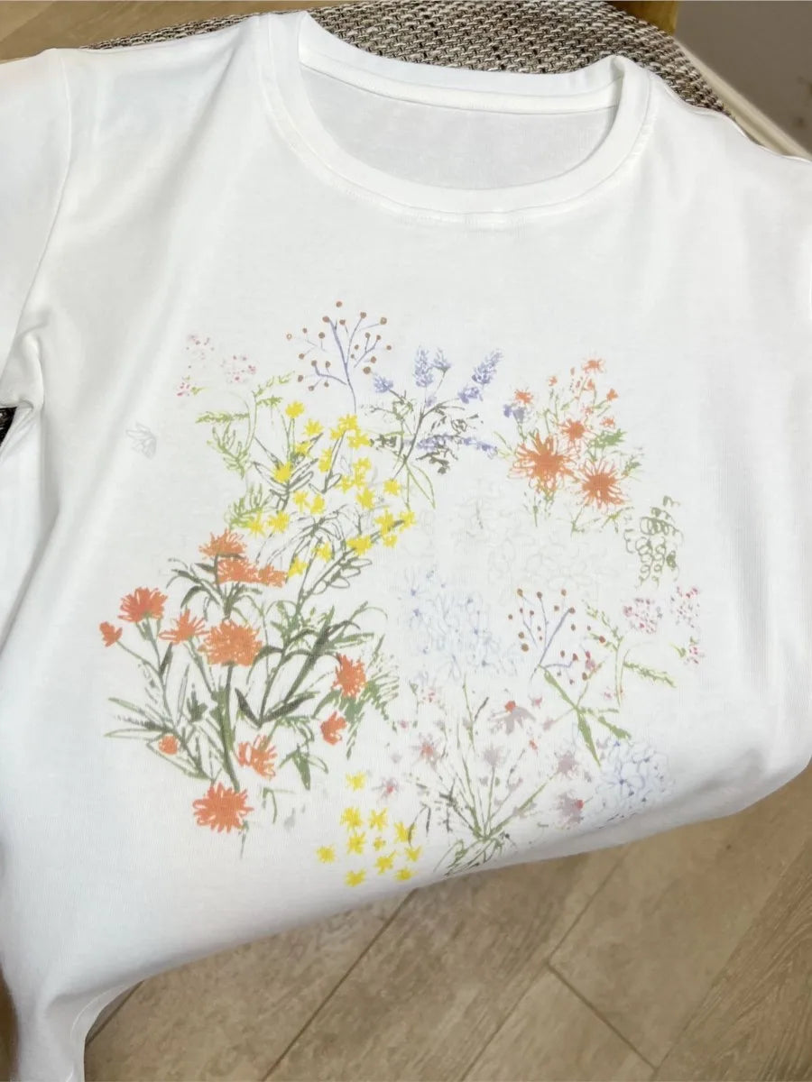 vzyzv  -  Plant Flowers Print Slim Short Sleeve Summer New Korean Fashion O Neck T-shirts For Women Casual Simple Chic Tops Tee Shirt