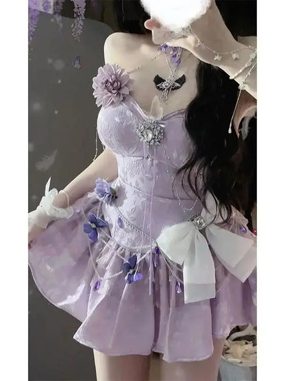 vzyzv  -  Japan Girl Cute High-End Dress With Skirt Clothes Flower Decoration Violet Romantic Dress New