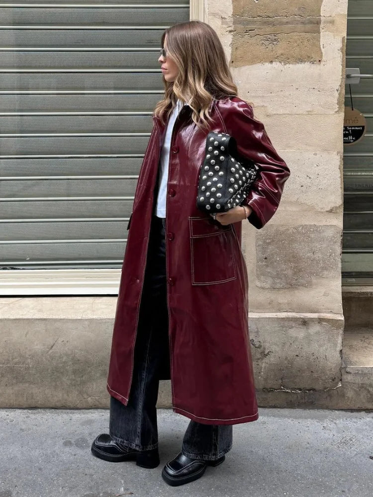 vzyzv  -  Fashion Burgundy Patent Leather Stitch Overcoat Women Buttons Flap Pockets Oversized Windbreaker Chic Lady High Streetwear