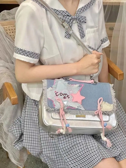 vzyzv  -  Star Patchwork Silver Backpack Korean Y2k Denim Sweet Girl Itabag Preppy Student Messenger Bag Trendy Hottie Shoulder Bag