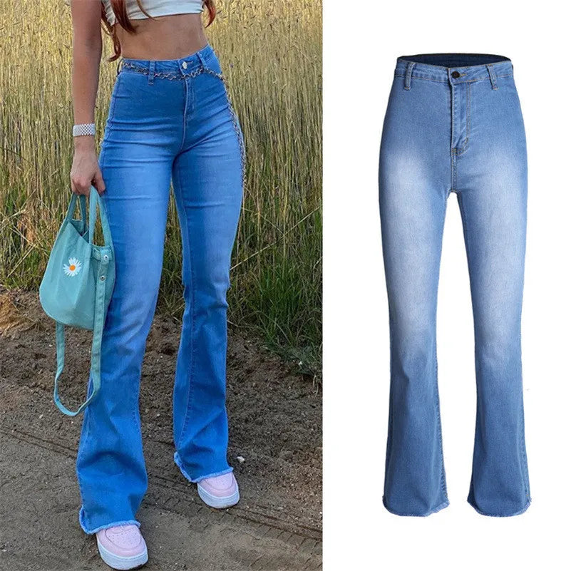 vzyzv  -  Women High Waist Retro Flare Jeans Lady Y2K Blue Stretch Denim Pants Girls Streetwear Casual Slim Fit Mom Bell Bottom Trousers