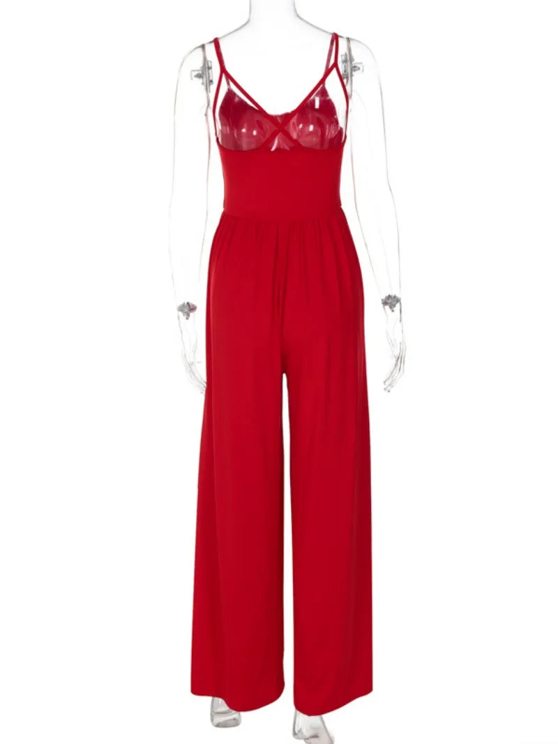 vzyzv -  Women's Clothing 2024 Summer Suspender Jumpsuits Streetwear V-neck Sleeveless High Waist Backless Overalls Red Black Streetwear