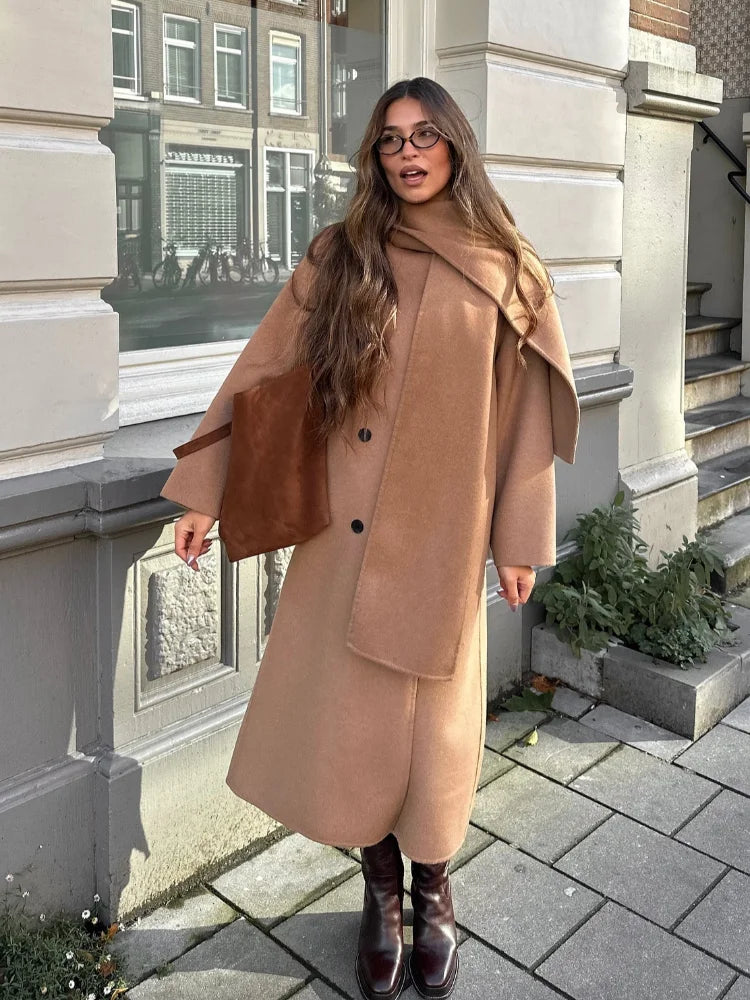 vzyzv  -  Women Elegant Brown Long Woolen Coats With Scarf Fashion Double Breasted Oversized Thicken Overcoats Lady Daily Streetwear