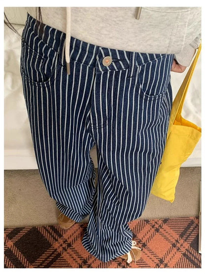 vzyzv  -  Women's Retro Blue Striped Wide Leg Pants Cool Girl Street Fashion Bottoms Female High Waist Loose Casual Straight Trousers