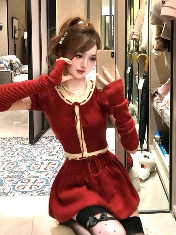 vzyzv  -  Autumn Winter New Christmas Red Skirt Suit Women Casual Slim Blouse + Y2k Mini Skirt Sweet Fashion 2 Piece Skirt Set Female