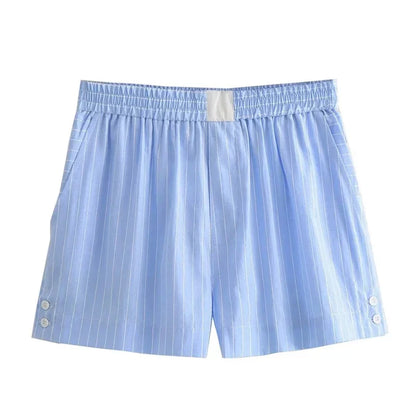 vzyzv -  Summer New Women's Blue White Stripes Sleep Shorts Basic Stylish Stretch Elastic High-Waisted Buckle Short Wide-Leg Pants