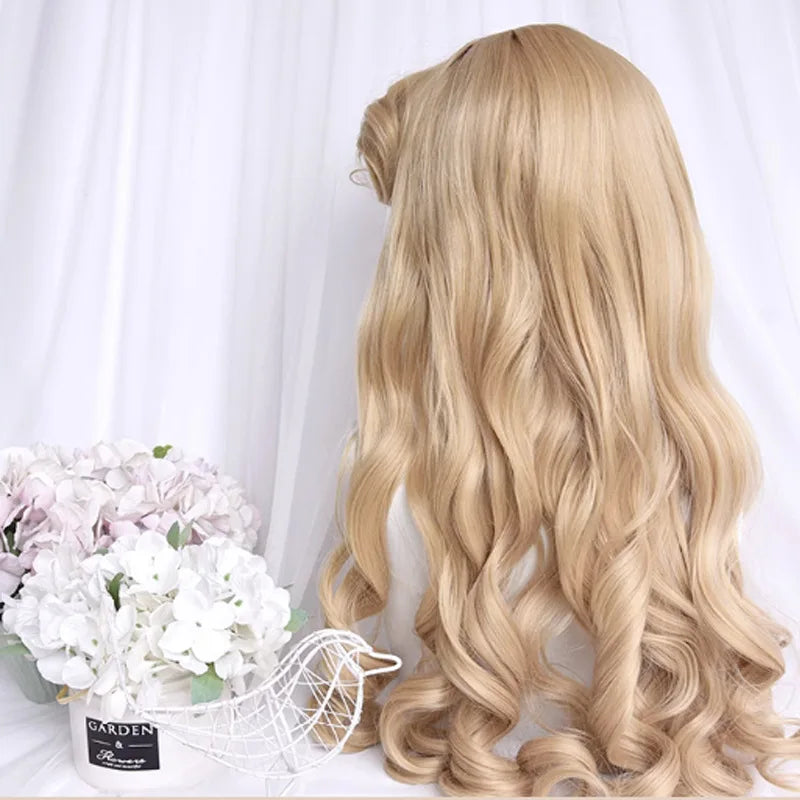 vzyzv  -  Wig Head Set Center Parted Bangs 32 Inch Lolita Natural Gorgeous Vintage Roman Curls Long Curly Hair Elegant Blonde Wig