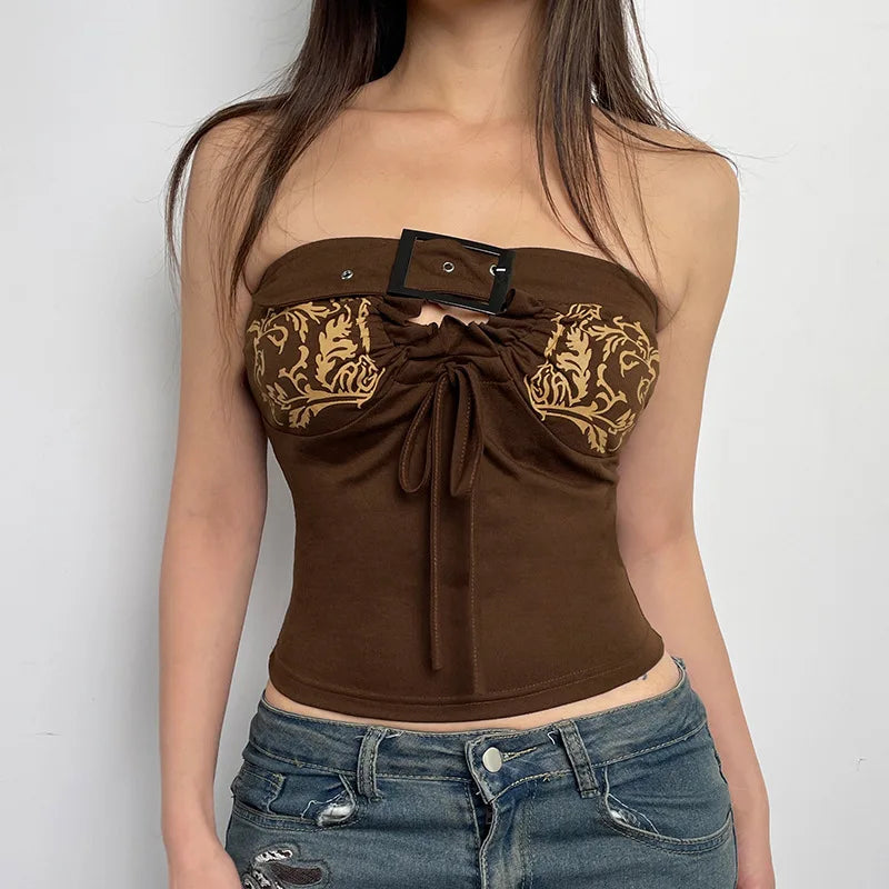 vzyzv  -  Vintage Brown Embroidery Tube Top Y2K Aesthetics Pullover Strapless Tank Tops Button Up Cutout Design Sleeveless Women