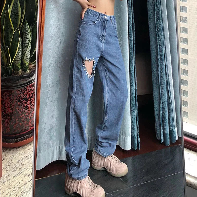 vzyzv  -  Female Mom Jeans High Waist Women Blue Heart Hole Diamond Denim Trousers Straight Leg Baggy Ripped Pants Streetwear Jeans