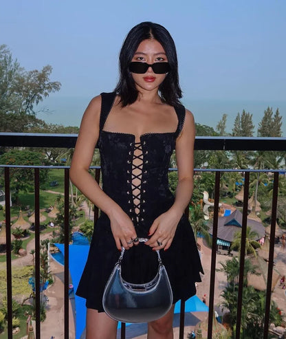 vzyzv  -  Autumn Women Black Lace Up Bodycon Dress Sexy Mini Spaghetti Strap Pleated Dress Female Birthday Party Dresses