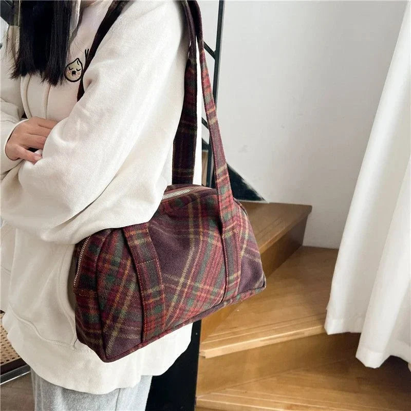 vzyzv  -  New Vintage Woolen Plaid Tote Bags Casual Handbag Korean All-match Design Fashion Women Shoulder Bag