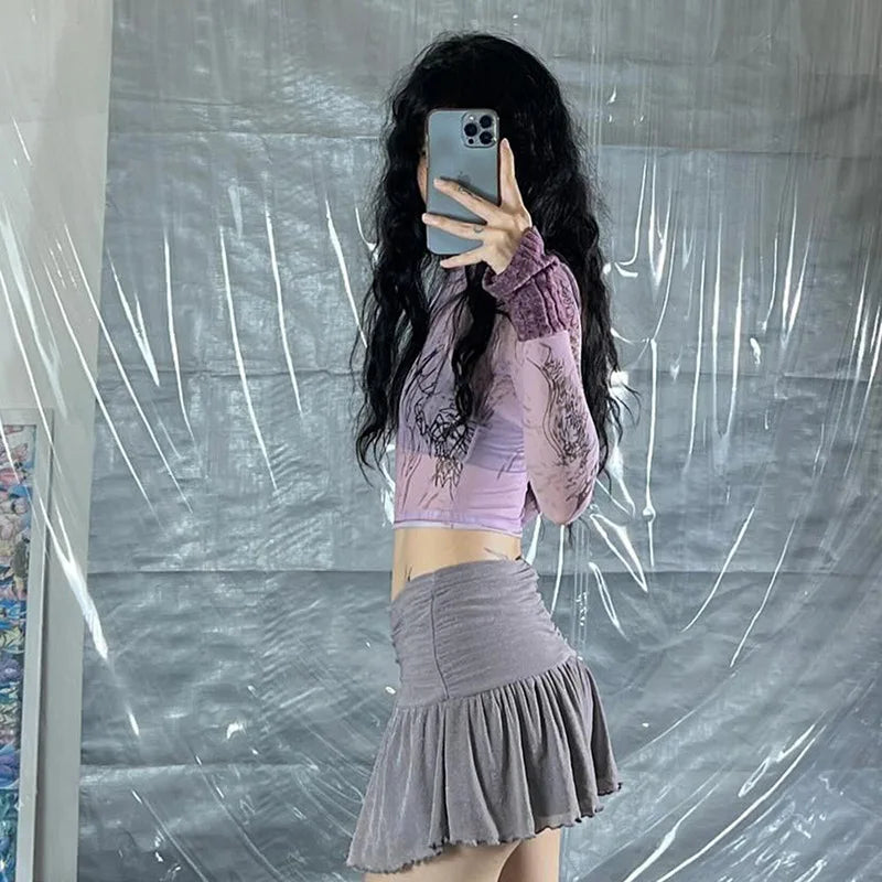 nvxiot  -  Fashion  Pattern Printed Mesh Top Women Stand Collar Long Sleeves Lilac Short Cropped T-shirt Ins Chic Female Celebrity OOTD