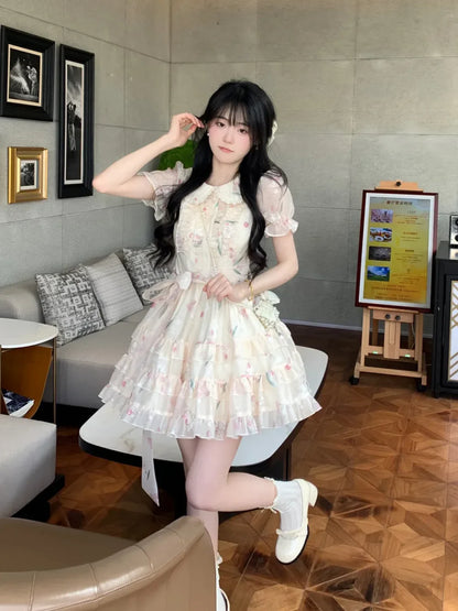 vzyzv  -  Sweet Elegant Lolita Mini Dress Women Summer Short Puff Sleeve Dollr Collar Fairy Dress Girls Y2k Korean Floral Dresses