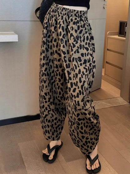 nvxiot  -  Leopard Print Wide Leg Cropped Pants For Women'S Summer Chiffon Loose Elastic Waist Thin Casual Harlan Pants