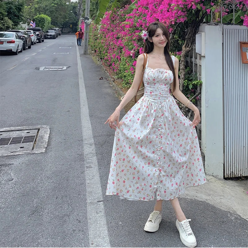 vzyzv -  Elegant Beach Party White Midi Dresses for Women  Summer New Korean Fashion Casual Sleeveless Slim Flower Female Clothing