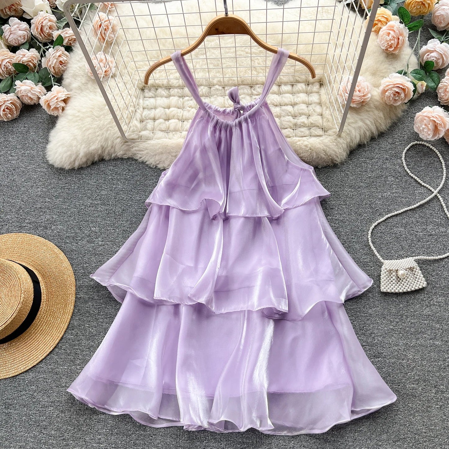 nvxiot  -  Holiday Sweet Organza Gauze Gentle Style Ruffled Halter Dress Women Sleeveless Loose Strap Short Dress Summer Beach Mini Dress