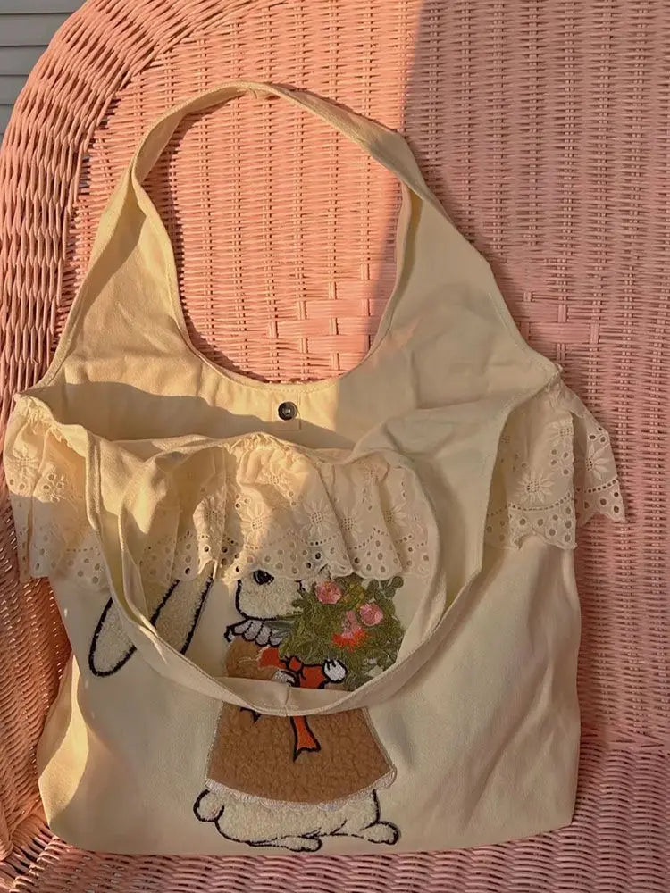 vzyzv  -  Rabbit Embroidery Beige Shoulder Bags Women Lolita Cute Lace Large Capacity Tote Bag Handbag Female Canvas Underarm Bag