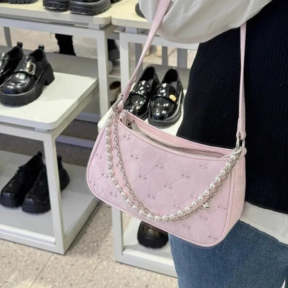 vzyzv  -  Pink Womens Shoulder Bag Elegant Cute Bow Pearl Chains Bow Embroidery Handbag Casual Leather Korean Fashion Female Handbag