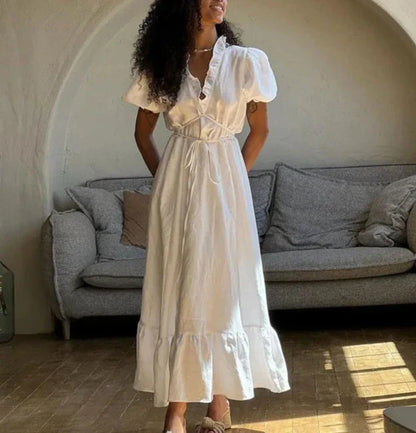 vzyzv  -  Leisure V-Neck Lace Up White Maxi Dress For Women Solid Color High Waisted  Short Sleeves Ruched Patchwork Girdle Dress