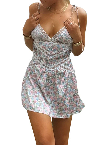 vzyzv  -  Women Spaghetti Strap Lace Floral Mini Dress Sleeveless Low Cut Backless Tank Dress Y2k Open Back Bodycon Night Party Cami Dress