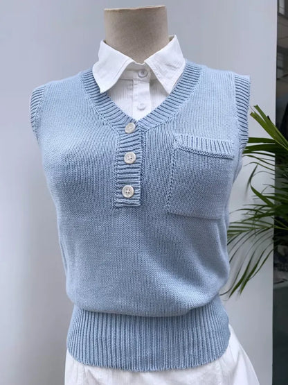 vzyzv  -  Casual Women Blue Front Buttons Knit Tank Tops Fall Fashion Solid Color V Neck Sleeveless Vests Female Chic Tops