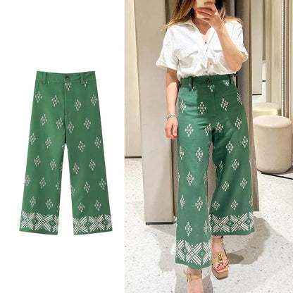 vzyzv  -  Vintage Ethnic Floral Embroidery Wide Leg Pants for Women Casual High Waist Linen Cotton Pant Summer Boho Beach Trousers