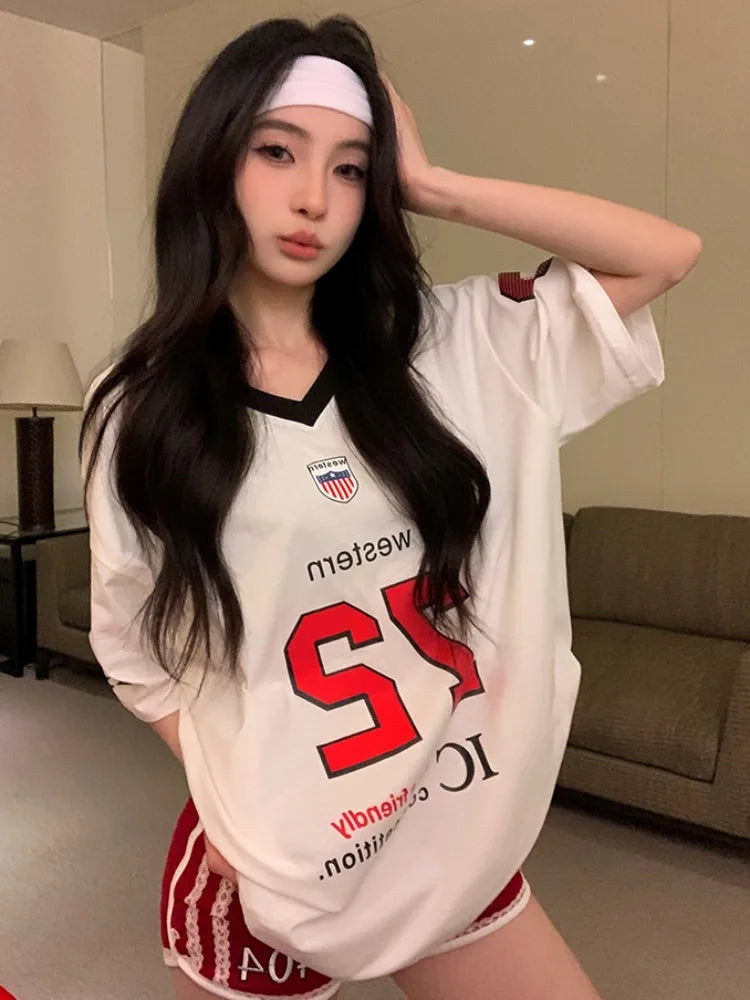 vzyzv  -  Y2K Sports Letter Graphic T Shirts Contrast V-neck Loose Football Tops for Women American Retro Streetwear Casual Tees