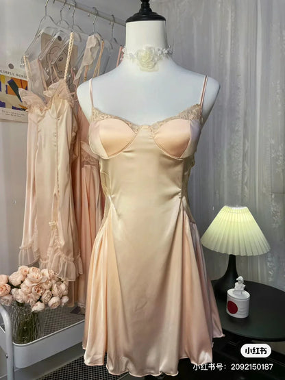 vzyzv  -  Vintage Homewear Nightgown Silk Soft Pure Desire Nightdress Simple Slim Waist Reduction Sexy Women Sleepwear Elegant Nightwear