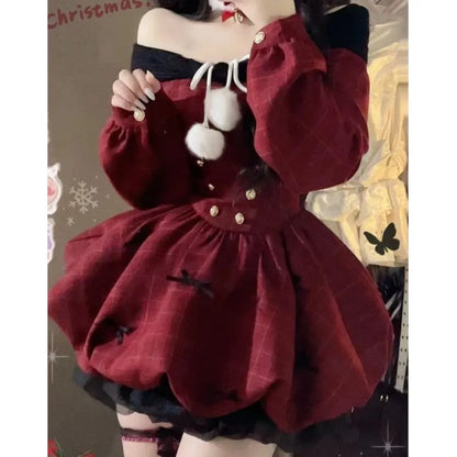 vzyzv  -  Y2K Christmas Red Elegant Party Dress Women Casual Sweet Plaid Bow Dresses Female Korean Fashion Chic Kawaii Mini Dress