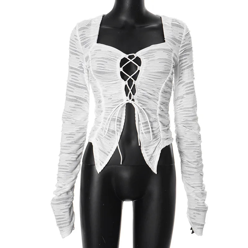 vzyzv  -  Lace Up Hollow T-Shirt Top Female Ruffled Patchwork Long Sleeve Cardigan Outwear Women Sexy Slim White Bandage Tee Coat