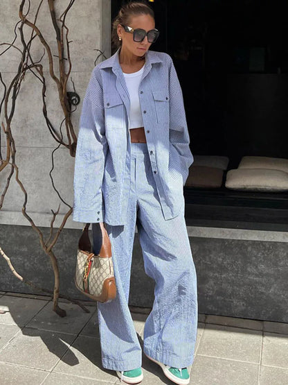 vzyzv -  Fashion Contrast Color Shirt Pants Suit 2-piece Women's Summer Striped Casual Patchwork Women's Suit 2-piece Pants Suit